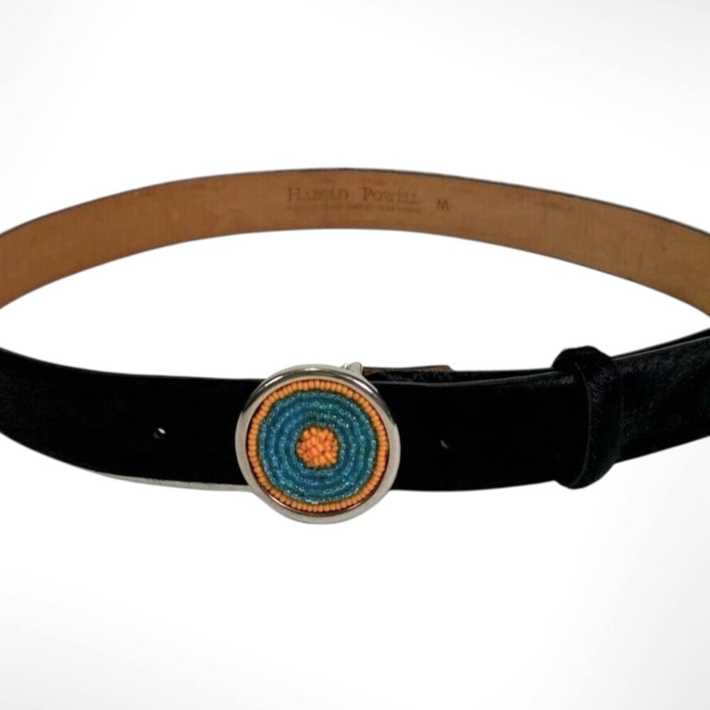 Harold Powell Womens Belt M Black Cowhide Hair On Leather Beaded Buckle Italy